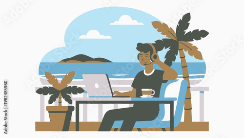 A person working remotely on a laptop with headphones on a tropical balcony overlooking the ocean and palm trees.
