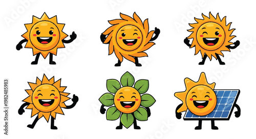 Cartoon sun characters set positive smiling faces different styles