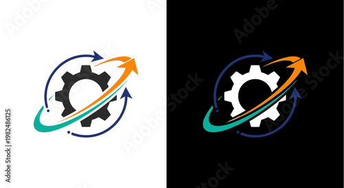 Gear icons with arrows on white and black backgrounds.