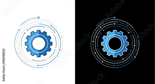Gear icons with circular motion graphics.