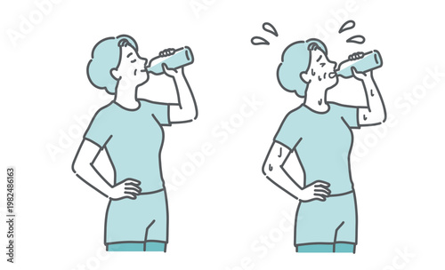 笑顔で水分補給をするシニア女性と、汗だくで必死に水分補給をするシニア女性の2点比較イラスト