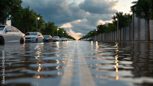 Reflection of Clouds on Water-Pooled Road After Rainfall at Dusk