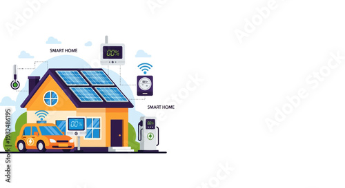 Sustainable Smart Home Concept with Electric Vehicle, Solar Panels, and IoT Energy Control System.