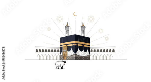 Minimalist vector illustration of the Kaaba in Mecca, showing its characteristic black and gold cloth, with a sheep standing in front, set against a clean white background conveying a sense