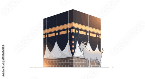 Illustration of the Kaaba, the holiest place in Islam, depicted with a goat standing beside it against a clean white background, rendered in a flat, cartoon style with geometric shapes