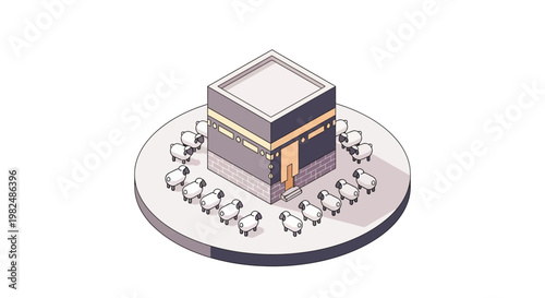 Isometric vector illustration depicting the Kaaba surrounded by a circle of sheep on a round platform against a clean white background, rendered in a minimalist style with pastel colors