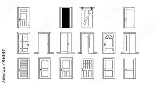 Collection of diverse door designs, modern and classic, on white background