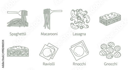 Italian Pasta Variety Line Art Icons: Spaghetti, Macaroni, Lasagna, Ravioli, Gnocchi