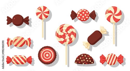 Sweet Treats Collection: Assorted Candies and Lollipops in Red and Brown