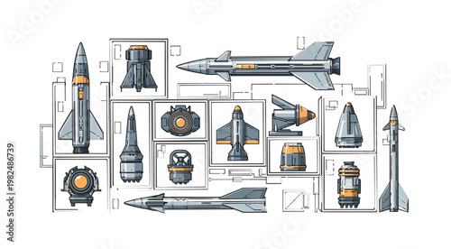 Space exploration icon composition with rockets, satellites and astronauts, creative vector illustration set for science, astronomy, technology and futuristic space travel design