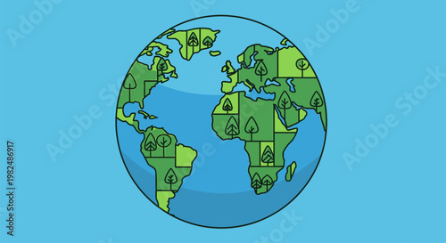 Stylized Green Earth Globe Illustration With Geometric Tree Icons.