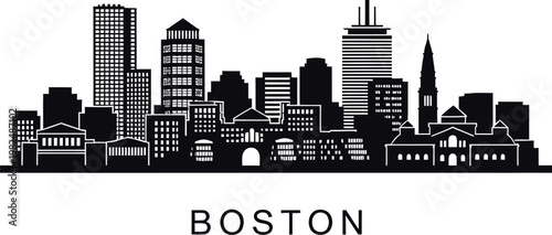 Boston city skyline silhouette with modern buildings and skyscrapers isolated on white background