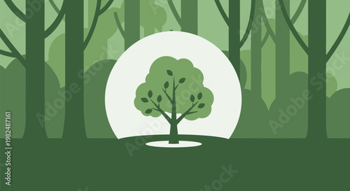 A single stylized deciduous tree centered on a circular background.