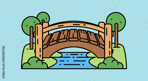 A cute cartoon illustration of a wooden arched footbridge over a river.