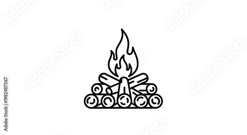 Simple line art icon of a campfire with stacked logs and flickering flames. Outdoor camping and warmth symbol.