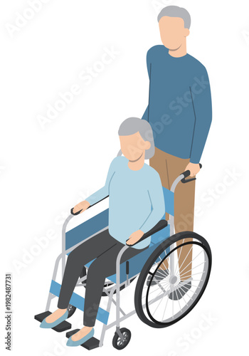 車椅子とシニア夫婦・アイソメトリック