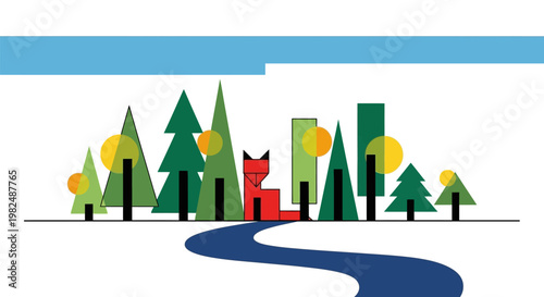 Stylized geometric illustration of a red fox sitting in a forest landscape.