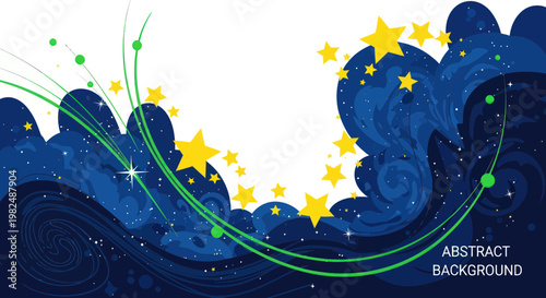 Abstract Starry Night Background with Swirling Blue Waves and Green Streaks
