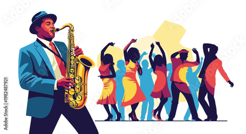 Jazz Musician Playing Saxophone with Dancing People Illustration