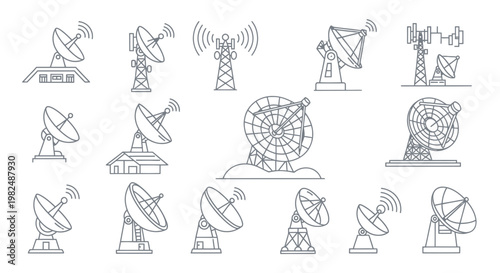 Satellite Dishes and Communication Towers - Vector Icons Set