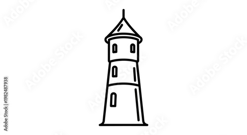 Simple line art icon of a classic architectural tower with a pointed roof and multiple windows, black and white vector illustration.