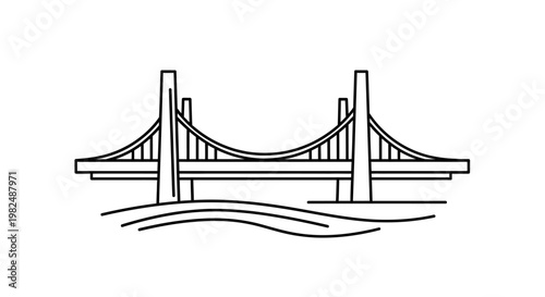 Simple black line art icon of a suspension bridge spanning over water. Minimalist vector illustration for connection and infrastructure.