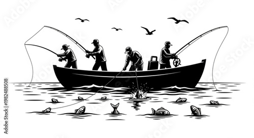 Four men fishing from a boat on the water with birds flying above.