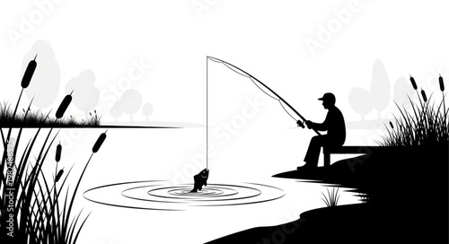 Silhouette of a man fishing by a lake with a jumping fish.
