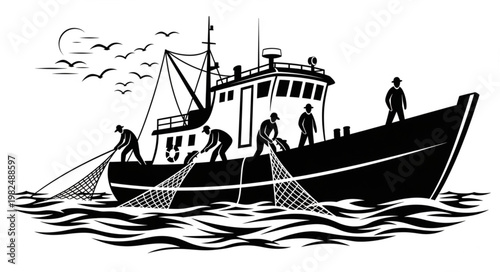 Fishing boat with crew hauling nets at sea.