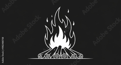 Campfire illustration with burning logs and flames.