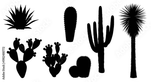 Desert Plants Silhouette Collection: Cactus, Agave, Yucca - Isolated Black Icons