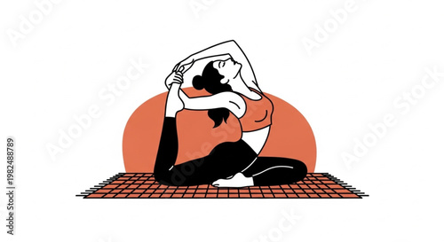 An artistic silhouette of a woman in a red top performing the king pigeon pose against a sun circle.