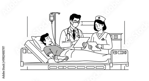 Doctor and nurse attend to patient in hospital bed with IV drip.