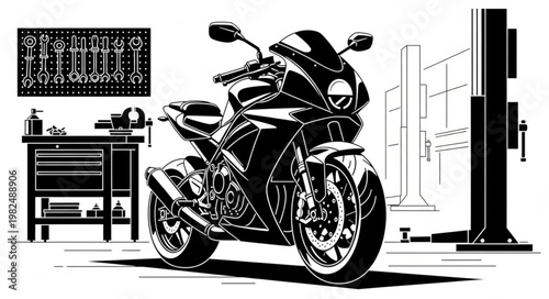 Motorcycle in a workshop with tools and equipment.