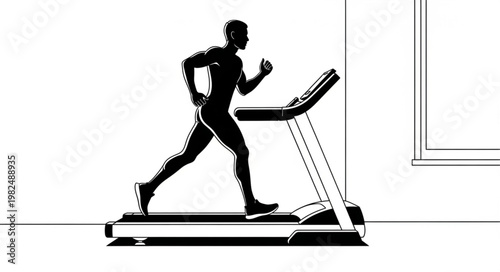 Silhouette of a man running on a treadmill indoors.