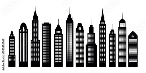 Black and white city skyline with skyscrapers buildings urban in white background