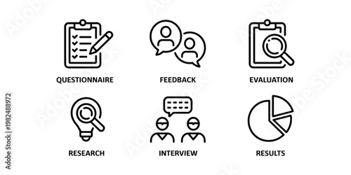 Black and white for research process steps questionnaire feedback evaluation interview in white background