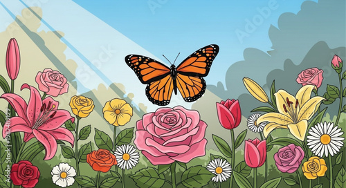 Monarch butterfly on a vibrant flower garden with sunlight.