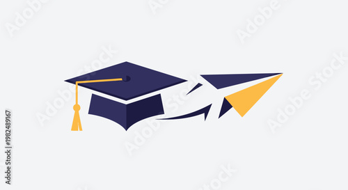 Graduation cap transformed into a flying paper airplane icon.