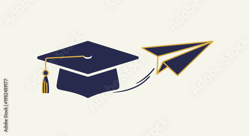 Graduation cap with a flying paper plane icon design.