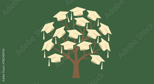 A symbolic tree growing academic graduation caps instead of leaves.
