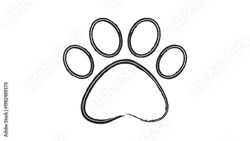 Minimalist black line vector icon of an animal paw print on a white background. Hand-drawn sketch illustration of a dog or cat foot track, ideal for pet care, veterinary, and animal rescue logos.
