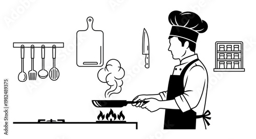 Chef cooking food in a professional kitchen with utensils.