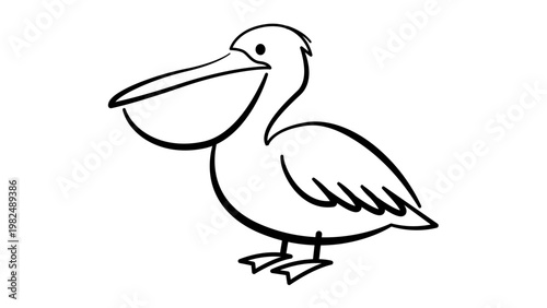 Elegant minimalist black line vector icon of a pelican bird on a white background. This hand-drawn illustration features a clean outline of a pelican with its characteristic large beak and pouch. SVG.