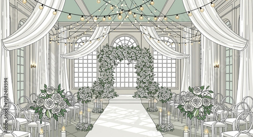 Elegant Wedding Ceremony Venue Decoration Sketch.
