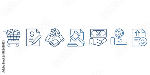 Blue line of business and finance concepts including shopping cart, contract, handshake, gavel, money exchange, and document with arrow