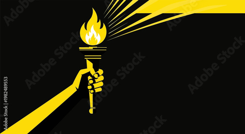 Stylized illustration of a human hand holding a bright flaming torch.