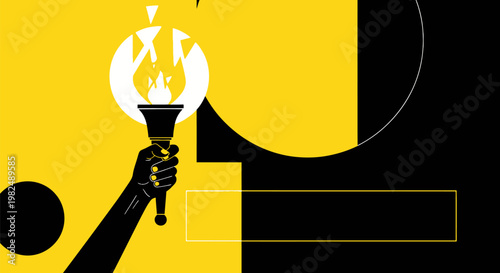 A hand holding a burning torch against a graphic background.