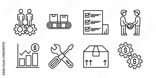 Business including people teamwork gears conveyor belt checklist handshake graph money wrench screwdriver package