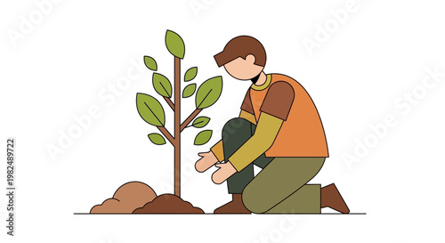 A person kneeling on the ground while planting a young tree sapling in the soil.
